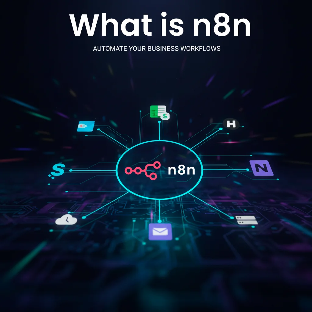 Diagrama mostrando el logo de n8n conectando diferentes aplicaciones como Slack, Google Sheets y HubSpot.